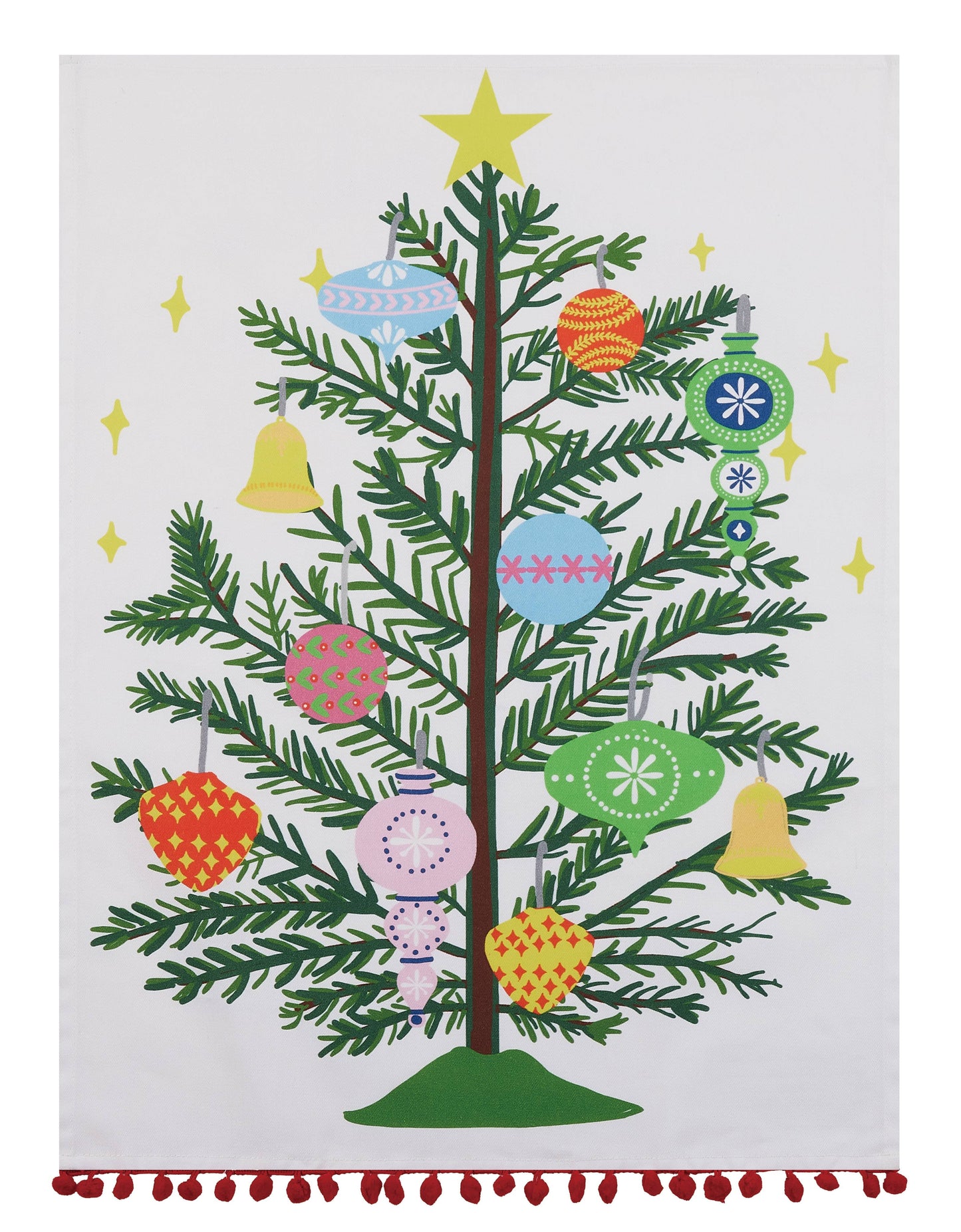 Vintage Christmas Tree W/Pom Pom  Printed Towel