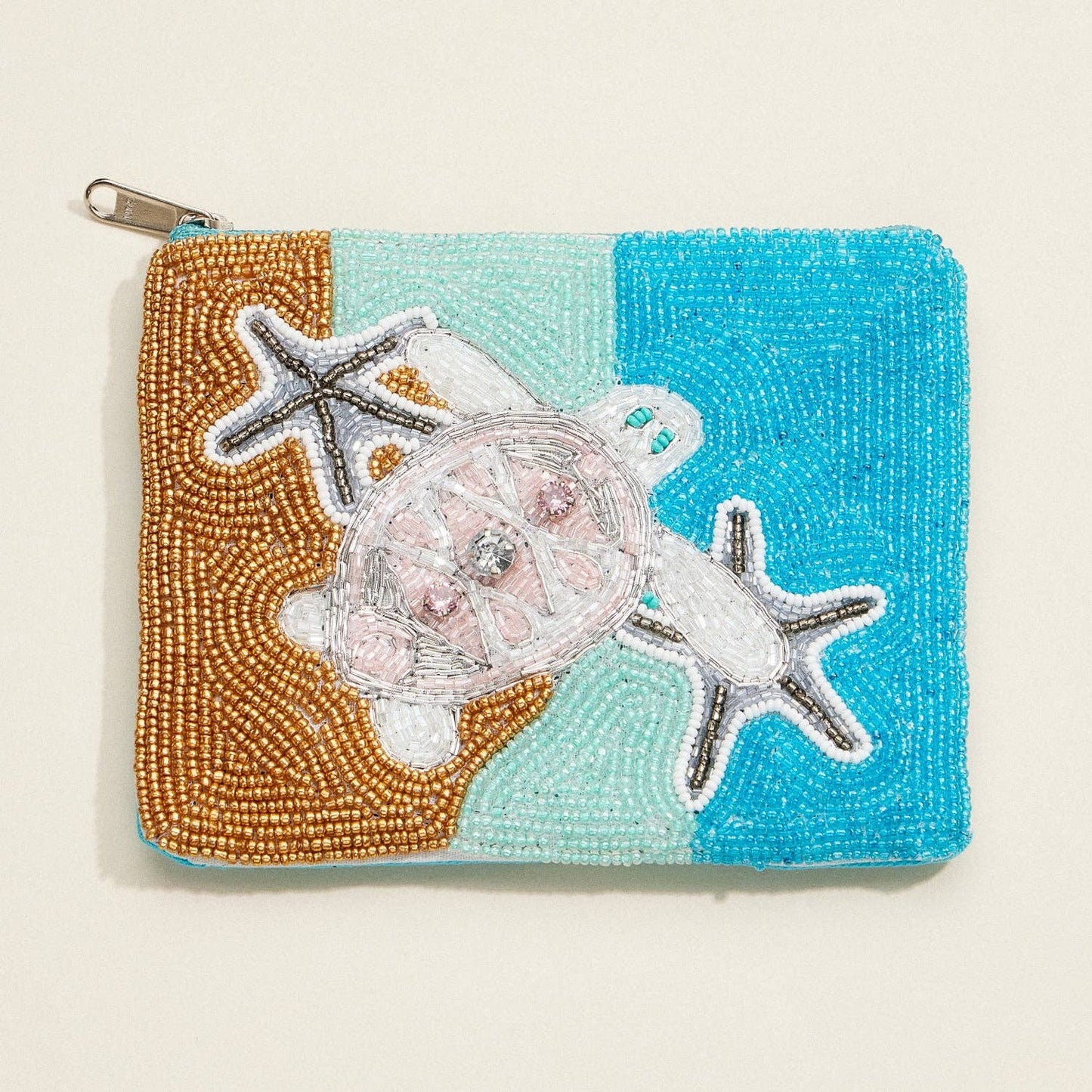 Beaded Sea Turtle Coin Purse – Ocean Beach-Themed Zip Pouch with Starfish & Sand Design for Travel & Everyday Use: White / One / B4KP401