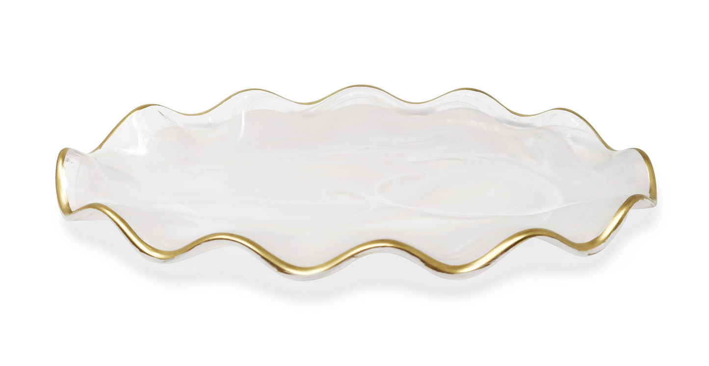 White Alabaster Oval Tray With Gold Ruffled Border (2 Sizes): Large