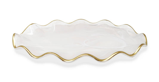 White Alabaster Oval Tray With Gold Ruffled Border (2 Sizes): Large