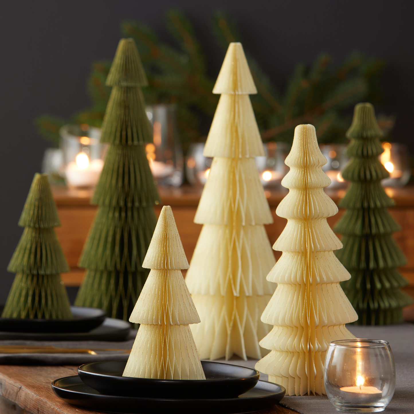 Honeycomb trees, vintage folding paper, Christmas, Winter: Lg Set 3 Red