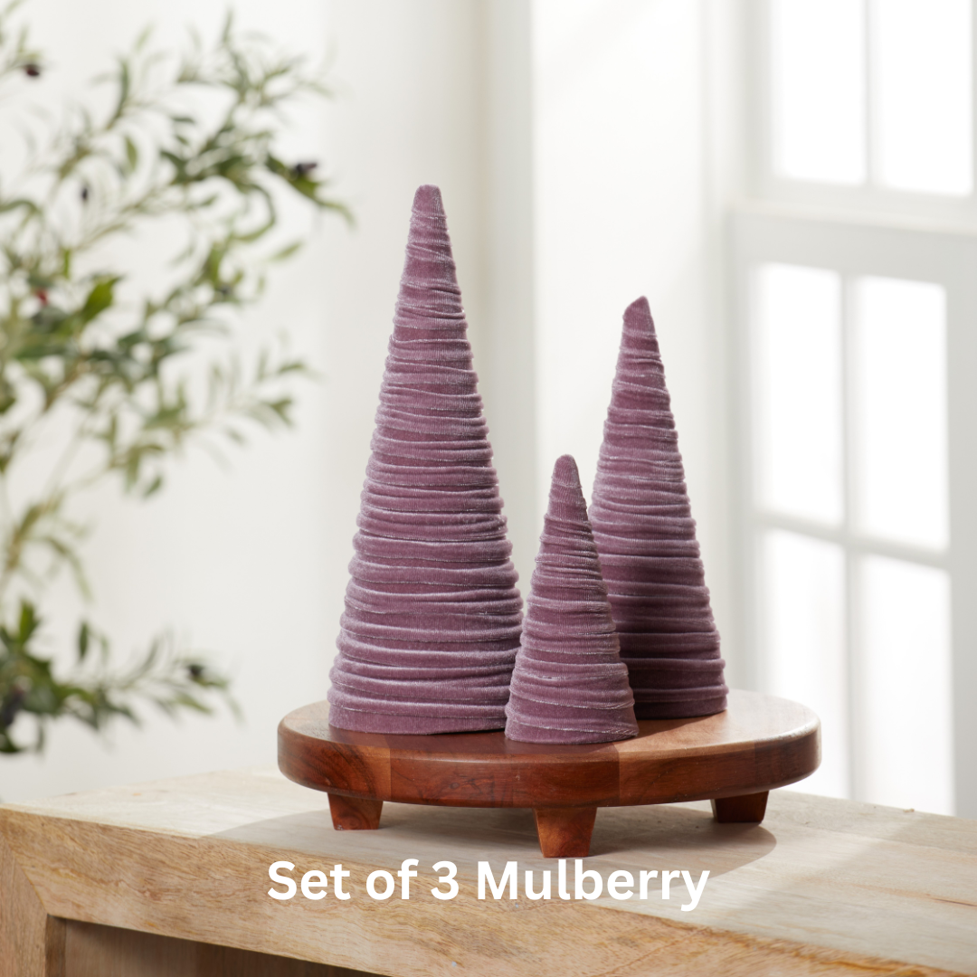 Cones Velvet Set of 3 Holiday Tabletop, Mantel Tree Decor: Emerald