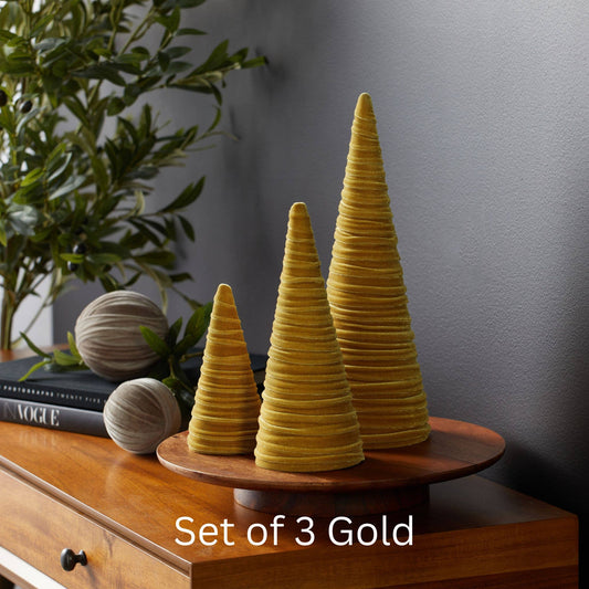 Cones Velvet Set of 3 Holiday Tabletop, Mantel Tree Decor: Gold