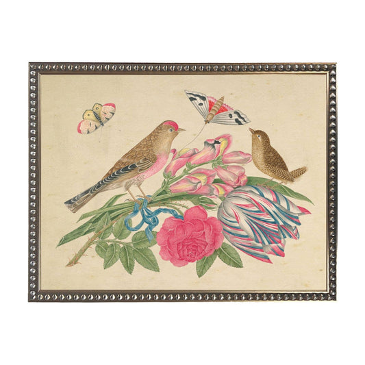 Bookplate O with birds on a distressed background: Beaded gold frame 1315-70 / 10" X 8"